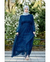 Urban Modesty Women's Blue Mesh Pearl Long Sleeve Gown