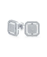 Bling Jewelry Geometric Cz Stud Earrings: Flat Square Box Frame, 14K Gold, Sterling Silver, 12MM