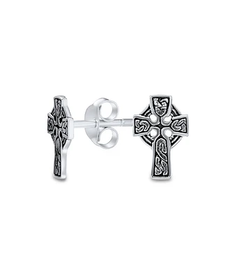 Bling Jewelry Religious Celtic Knot Cross Stud Earrings in Oxidized Sterling Silver for Men