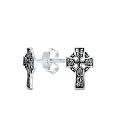 Bling Jewelry Religious Celtic Knot Cross Stud Earrings in Oxidized Sterling Silver for Men