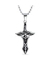 Bling Jewelry Biker Jewelry Men's Royal Sword & Angel Wings Cross Necklace Black Stainless Steel