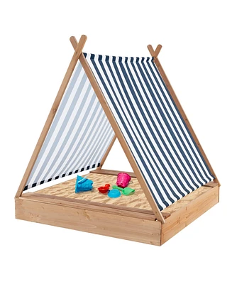 Sandbox with Cover and 2 Bench Seats Outdoor Wooden Play Sandpit for Kids