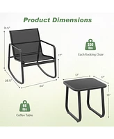 2 Rocking Bistro Chairs with Glass-Top Table Cozy Outdoor Patio Set for Porch, Yard, or Balcony