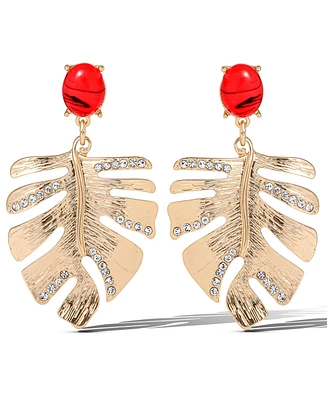 Jessica Simpson Gold-Tone Tropical Leaf Drop Earrings with Red Accents – Statement Earrings with Crystal Detailing