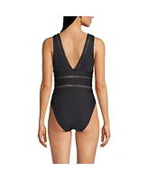 Lands' End Women's Mesh Ribbed Plunge High Leg One Piece Swimsuit