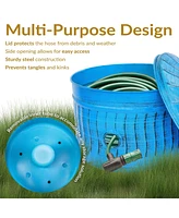 Decorative Metal Garden Hose Holder Pot with Lid - Uv-Resistant Blue Patina Finish - Holds up to 100-Foot Hose