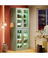 Tribesigns Tall Shoe Cabinet with Acrylic Doors and Led Lights, 8-Tier Entryway Storage Rack Adjustable Shelves Hanging Hooks for Narrow