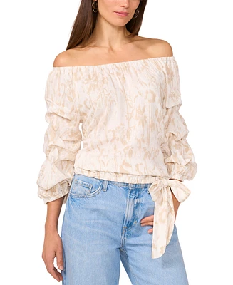 Vince Camuto Women's Printed Linen-Blend Off-The-Shoulder Bubble 3/4-Sleeve Tie-Front Blouse