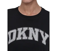 Dkny Women's Active Rhinestone-Logo Distressed Crewneck Cotton T-Shirt