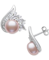 Belle de Mer Blush Cultured Freshwater Pearl (8-9mm) & Lab Created White Sapphire (2 ct. t.w.) Stud Earrings in Sterling Silver