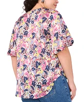 Vince Camuto Plus Floral-Print Tie-Neck Puff-Sleeve Top