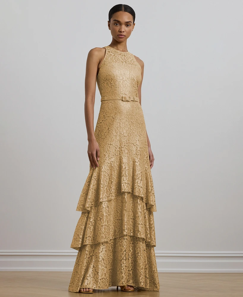Lauren Ralph Women's Belted Metallic Lace Tiered Gown