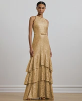 Lauren Ralph Women's Belted Metallic Lace Tiered Gown