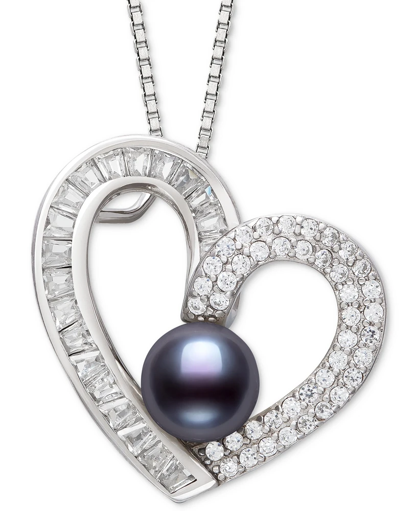 Belle de Mer Dyed Black Peacock Cultured Freshwater Pearl (6-7mm) & Cubic Zirconia Heart Pendant 18" Necklace Sterling Silver