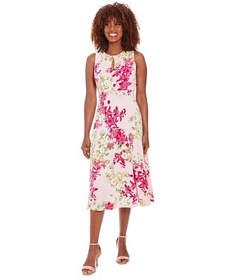 London Times Petite Pleated Keyhole-Cutout Dress