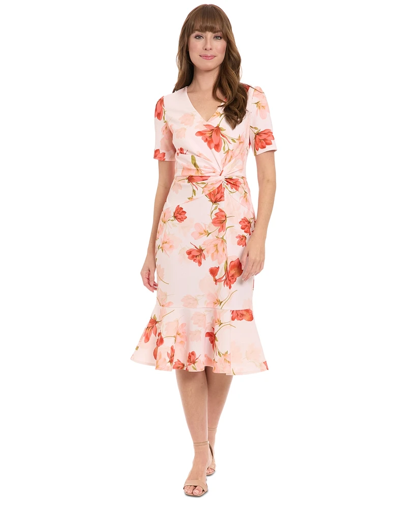 London Times Petite Floral-Print Side-Knot Fit & Flare Dress