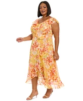 London Times Plus Floral Chiffon Ruffle-Neck Maxi Dress