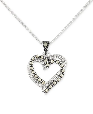 Marcasite & Crystal Interlocking Hearts 18" Pendant Necklace in Sterling Silver