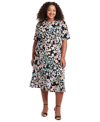 London Times Plus Jewel-Neck Short-Sleeve Dress