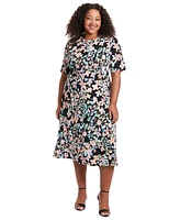 London Times Plus Jewel-Neck Short-Sleeve Dress