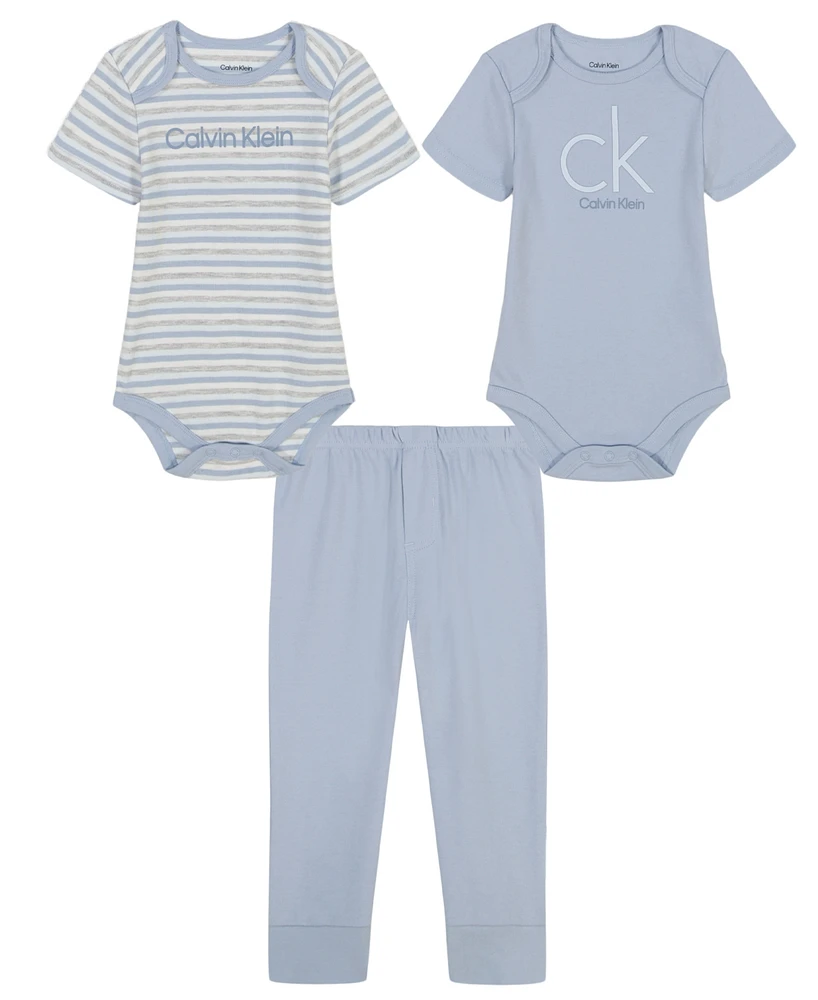 Calvin Klein Baby Boys 3-Piece 2 Short Sleeve Bodysuits and Blue Fog Joggers Set
