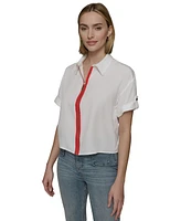 Karl Lagerfeld Paris Women's Contrast-Placket Zip-Front Top