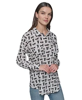 Karl Lagerfeld Paris Women's Motif Roll-Tab-Sleeve Button-Front Top