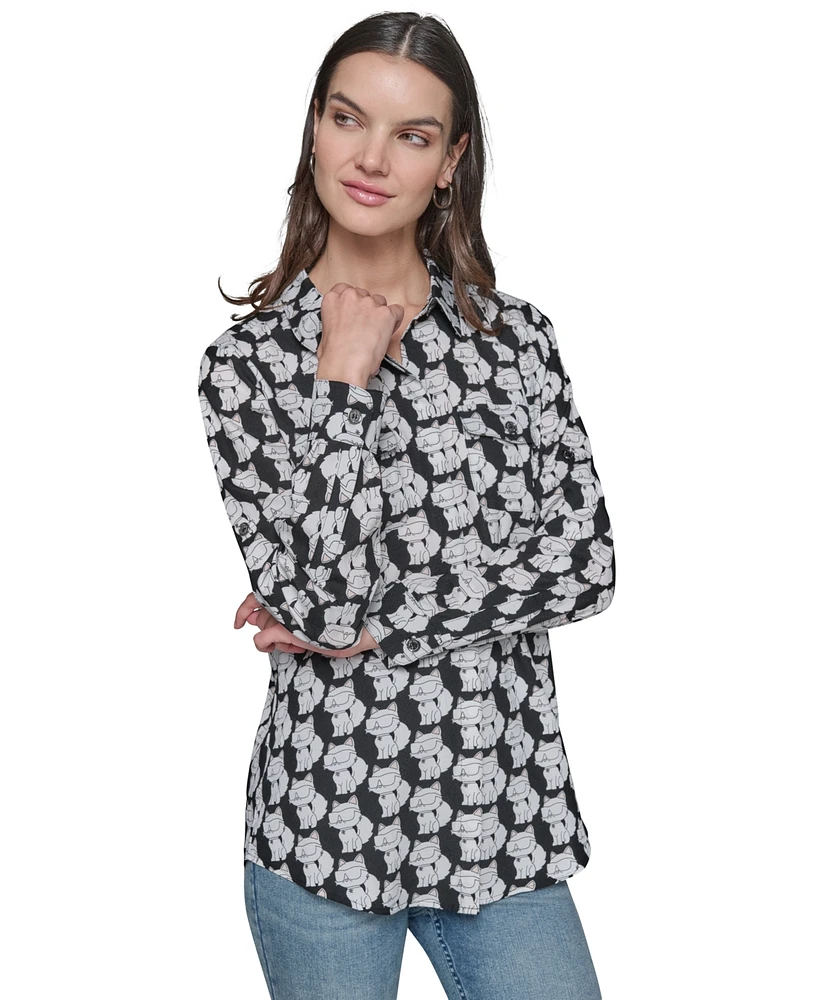Karl Lagerfeld Paris Women's Motif Roll-Tab-Sleeve Button-Front Top