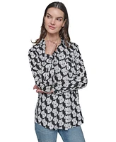 Karl Lagerfeld Paris Women's Motif Roll-Tab-Sleeve Button-Front Top