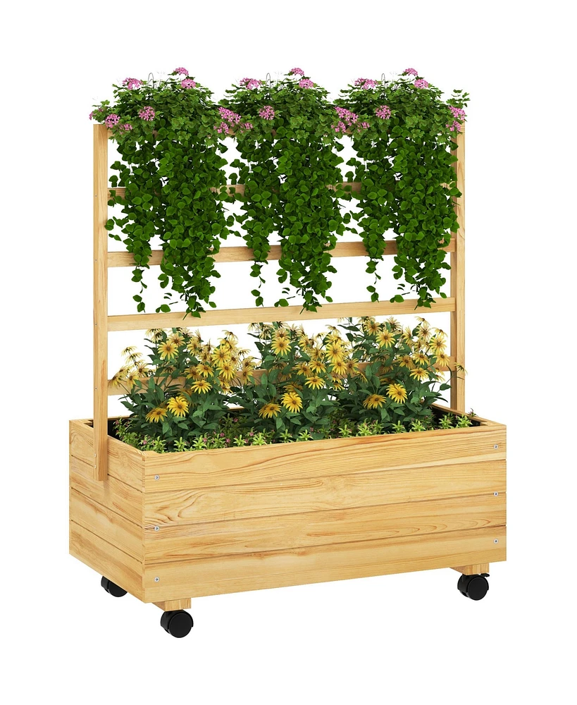 Outsunny Wood Planter with Trellis and Wheels Raised Planter Box, Natural