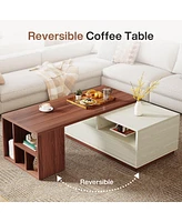 Tribesigns Coffee Table, Extendable Coffee Table with 2 Drawers and Storage Shelves, Rectangular Wooden Center Table with Reversible Tabletop for Livi