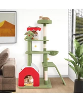 Cute Christmas Cat Tree with Scratching Posts & 2 Condos Festive Multi-Level Playhouse for Cats