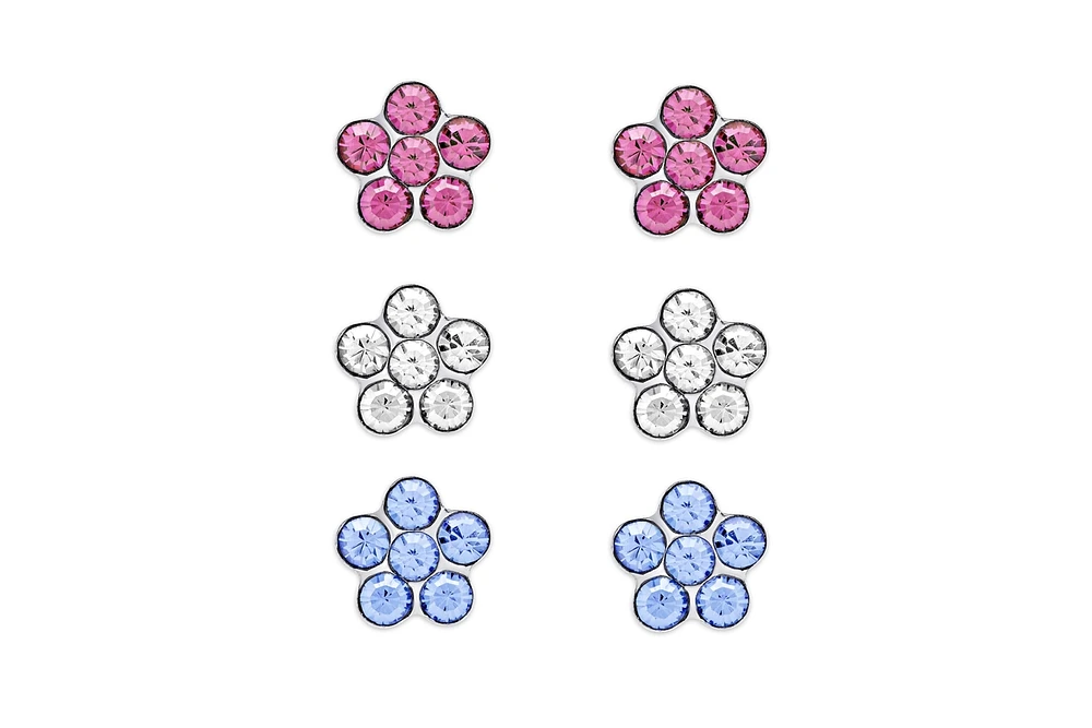Lily Nily Crystal Flowers 3 Pairs Studs Set in Sterling Silver