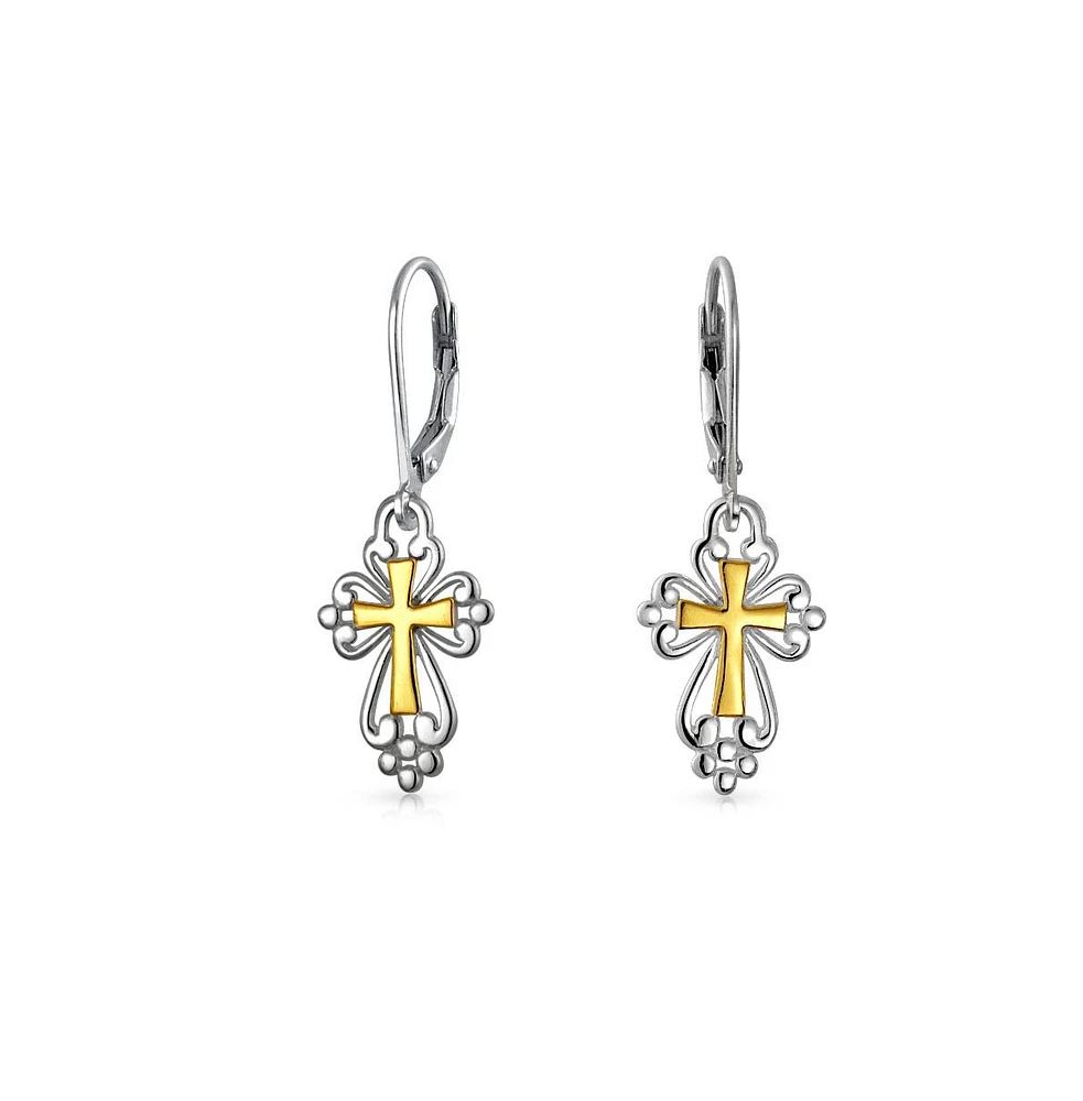 Bling Jewelry Filigree Two Tone Fleur De Lis Cross Dangle Earrings Gold Plated Silver