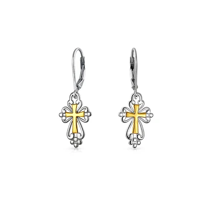 Bling Jewelry Filigree Two Tone Fleur De Lis Cross Dangle Earrings Gold Plated Silver