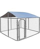 Outdoor Dog Kennel with Roof, 7.5ft Dog Fence with Door and Waterproof Cover, Dog Playpen for Outside Large Dogs