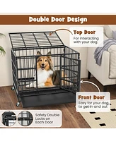 38 Inch Foldable Heavy-Duty Metal Dog Cage with Lockable Rolling Casters and Tray