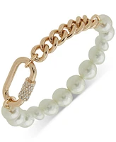 Karl Lagerfeld Paris Gold-Tone Pave Carabiner Imitation Pearl Stretch Bracelet