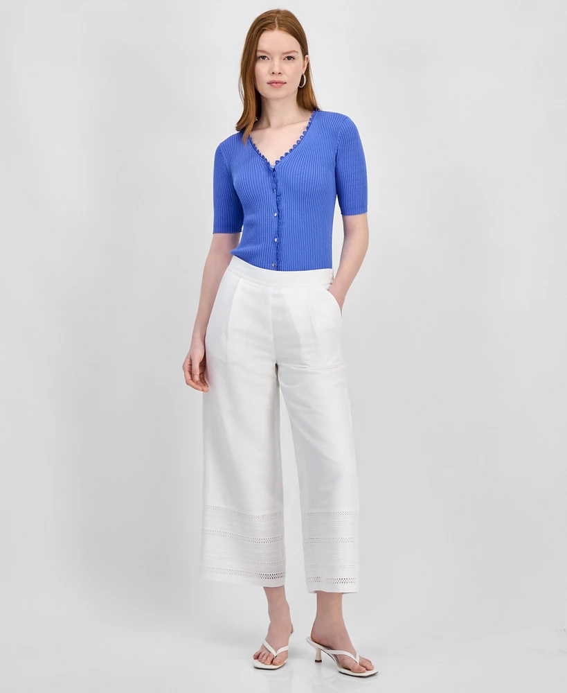 T Tahari Women's Eyelet-Trim Cropped Pull-On Pants