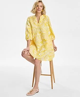 Charter Club Women's Floral-Print Bhavana 3/4-Sleeve 100% Linen Pintuck Dress, Exclusively at Macy's