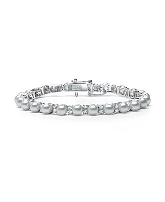 Sterling Silver with Clear Cubic Zirconia & White Pearl Tennis Bracelet in White Gold Plated or 14K Gold Plated