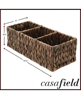 Casafield Set of 2 Water Hyacinth Storage Baskets with 3 Sections, Espresso - Woven Bin Organizers for Bathroom, Laundry, Pantry, Office, Shelves