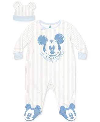 Disney Baby Boys Mickey Mouse Footed Coverall & Hat, 2 Piece Set