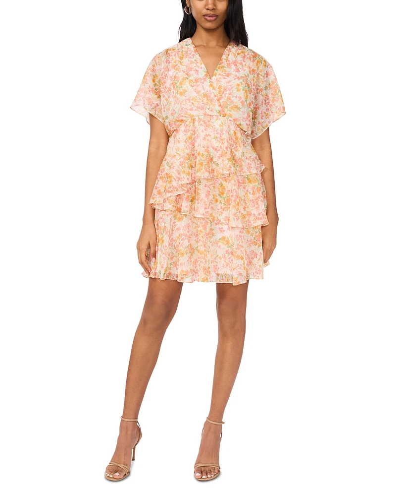 Msk Women's Printed V-Neck Dolman-Sleeve Tiered Dress