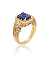 Suzy Levian Yellow Sterling Silver Emerald-Cut Blue and White Cubic Zirconia Pave Ring