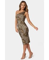 bebe Women's Jersey One Shoulder Midi with Gold Trim