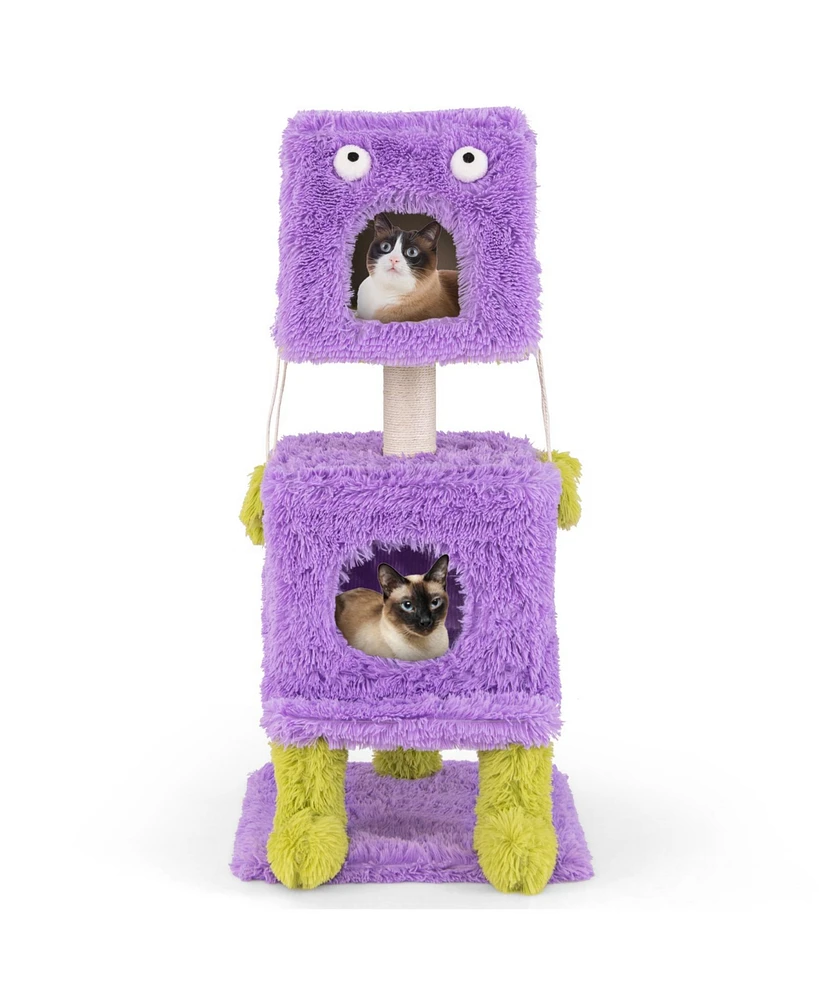 Cute Monster-Themed Cat Tower with 2 Private Condos Space-Saving Playhouse for Small Spaces