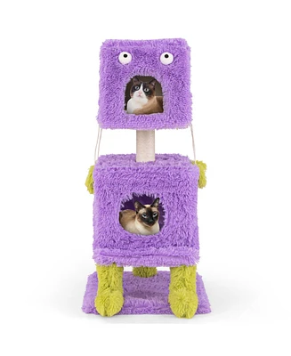 Cute Monster-Themed Cat Tower with 2 Private Condos Space-Saving Playhouse for Small Spaces