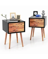 Gymax 2PCS Wooden Nightstand Mid-Century End Side Table Living Room W/2 Storage Drawer