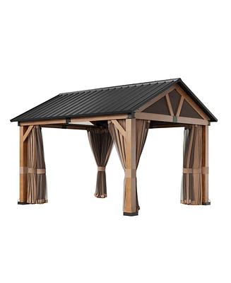 11' X 13' Hardtop Gazebo with Curtains and Nettings, Outdoor Patio Gazebos Backyard Gazebo, Wooden Finish Canopy Aluminum Frame Permanent Pavilion for